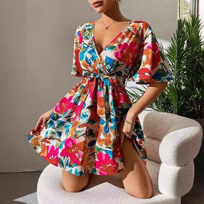 Women's Fashion Summer Spring Colour Block Print Short Sleeve V-Neck High Waist Casual Dresses