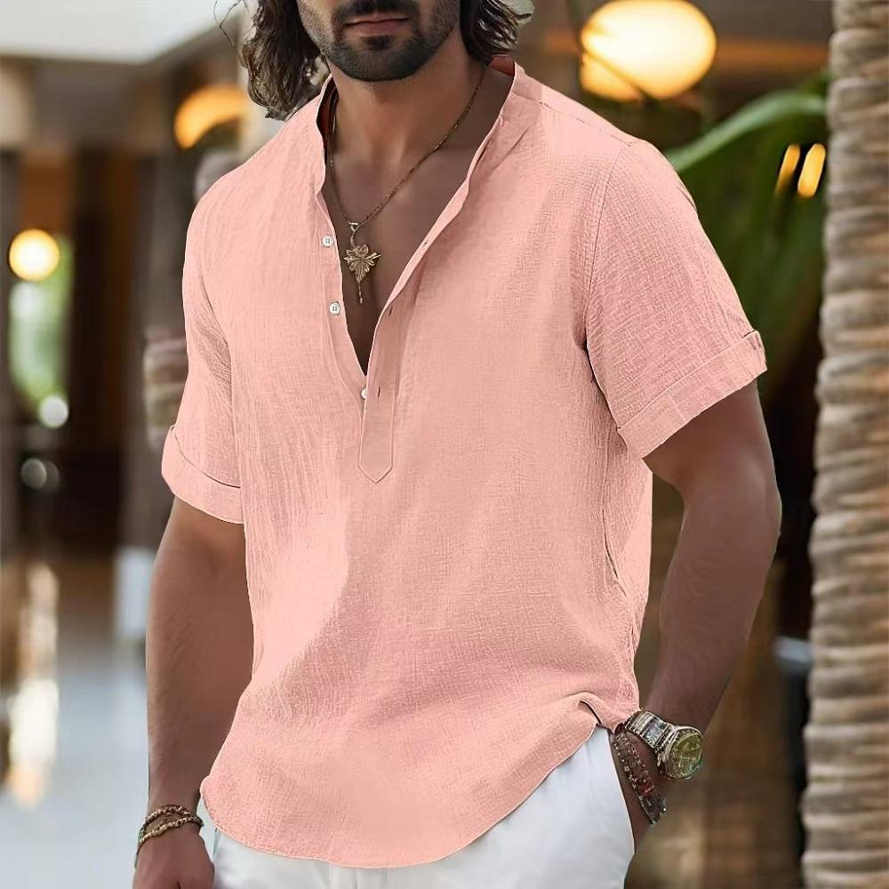 Men's Linen Shirts Short Sleeve Button Up Neck Stand Collar Casual Summer Home Daily Shirts