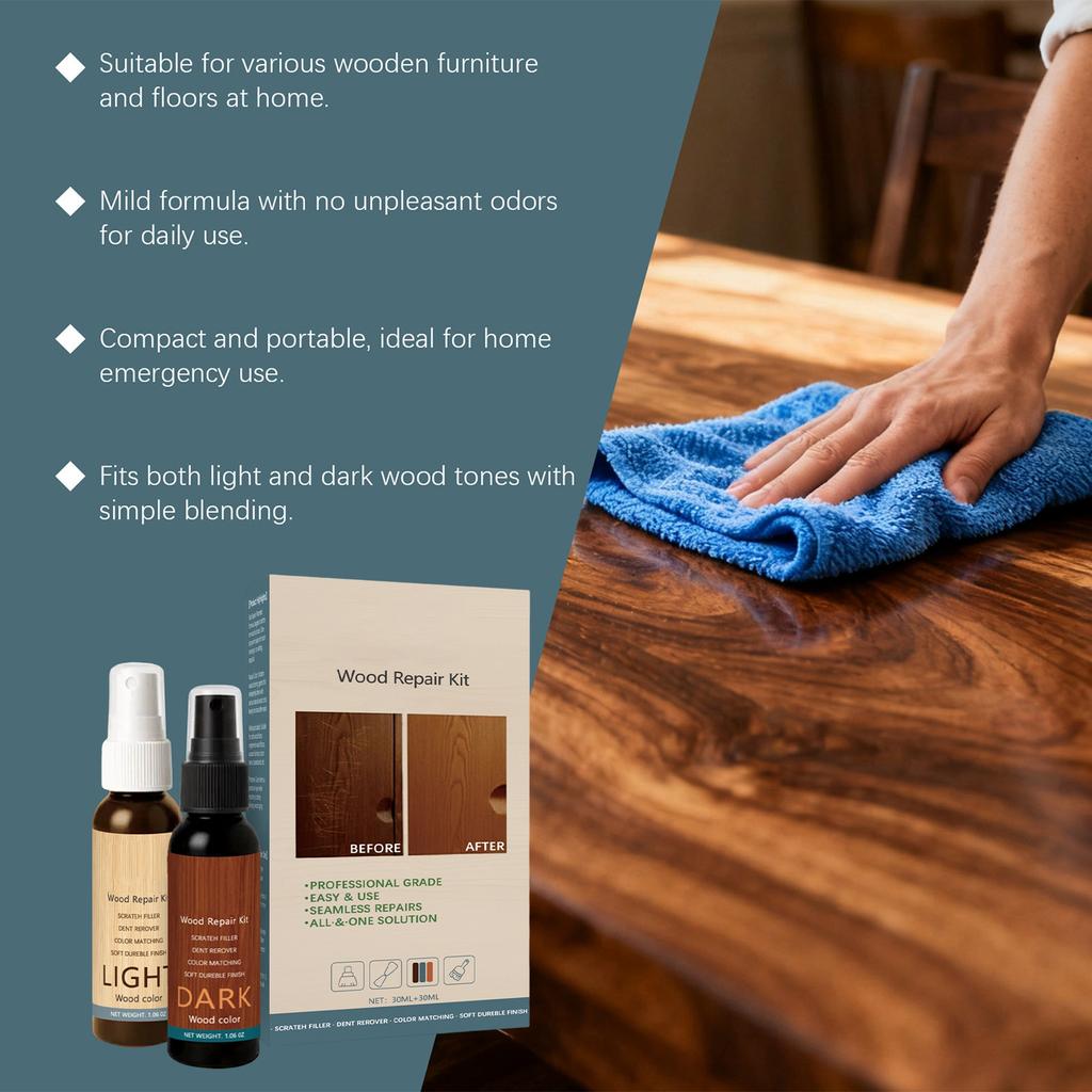 Kit de réparation du bois, Réparation facile des meubles en bois, Réparation professionnelle des rayures de parquet, Restaure les rayures du bois, Couvre les petits défauts30ml