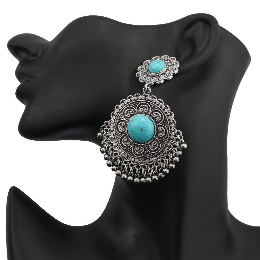 Vintage Silver Alloy Dangle Earrings With Turquoise Beads For Women Summer