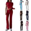 Women Solid Color Crew Neck Short Sleeve Long Pants Casual Two Piece Set