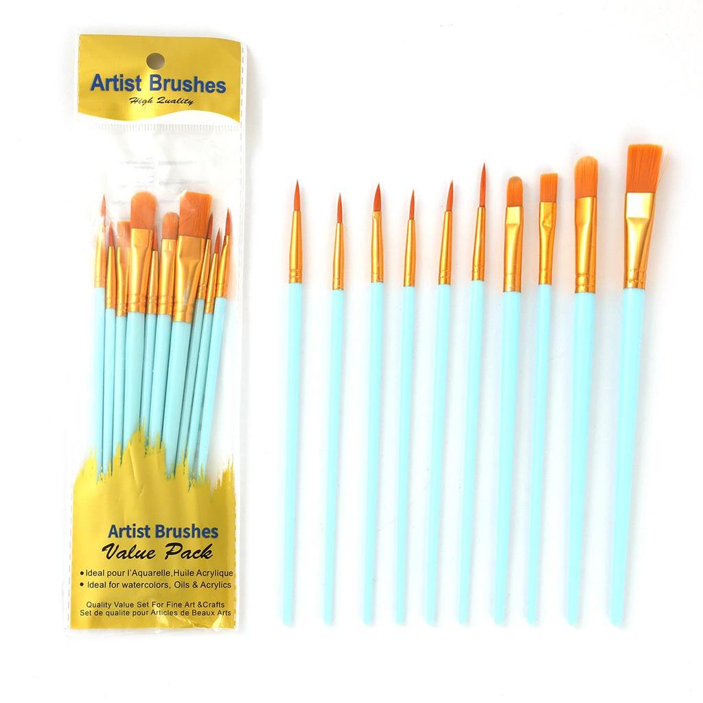10-Piece Pearlescent Plastic Handle Nylon Hair Painting Brush Set for Kids - Ideal for Oil and Gouache Painting