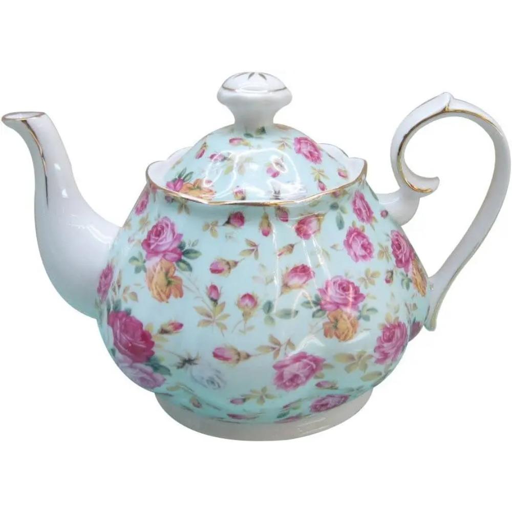 4-1/2-Cup Porcelain Teapot with Blue Cottage Rose Pattern