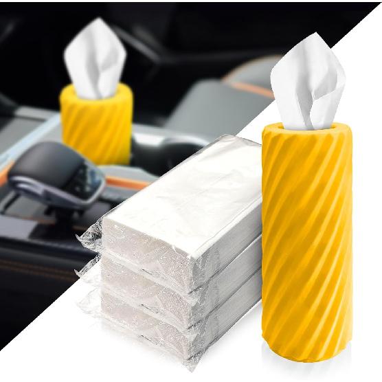 Car Tissue Holder, Refillable Round Cylinder with 3 Tissue Packs, Universal Fit for Vehicle Cup Holder, Home & Office, Car Accessories Interior