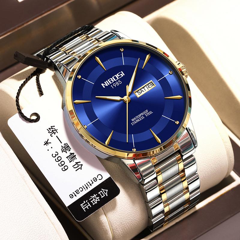 NIBOSI Fashion Quartz Watch for Men Luxury Stainless Steel Waterproof Luminous Date Week Cool Black Mens Watch Relogio Masculino