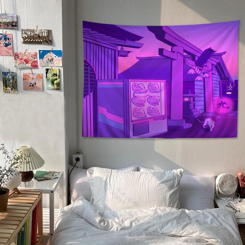 80S Vaporwave Style City Night Street Cat Cartoon Tapestry Wall Hanging Decoration Household Home Decor