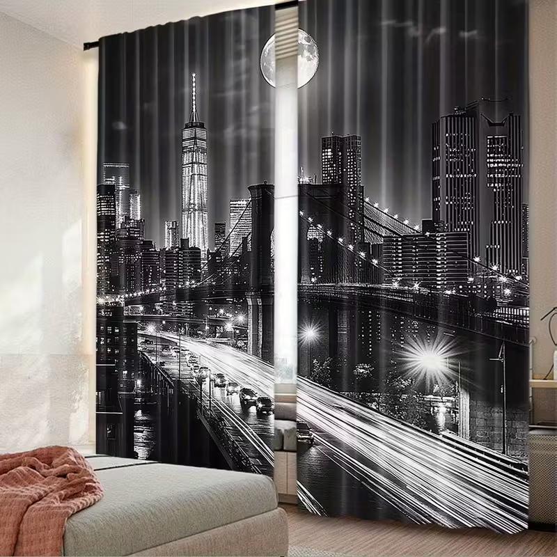 2pcs Stylish Black White Cityscape & Moon Pattern Curtains, Designed for Light Blocking, Premium Material, Suitable for Living R