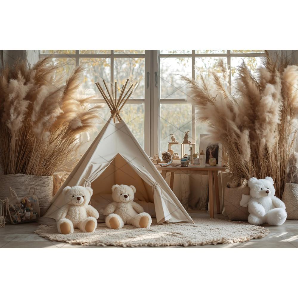 Boho Pampas Teddy Bear Photography Background Balloons Arch Tent Decor Cake Smash Baby 1st Birthday Indoor Photocall Backdrops