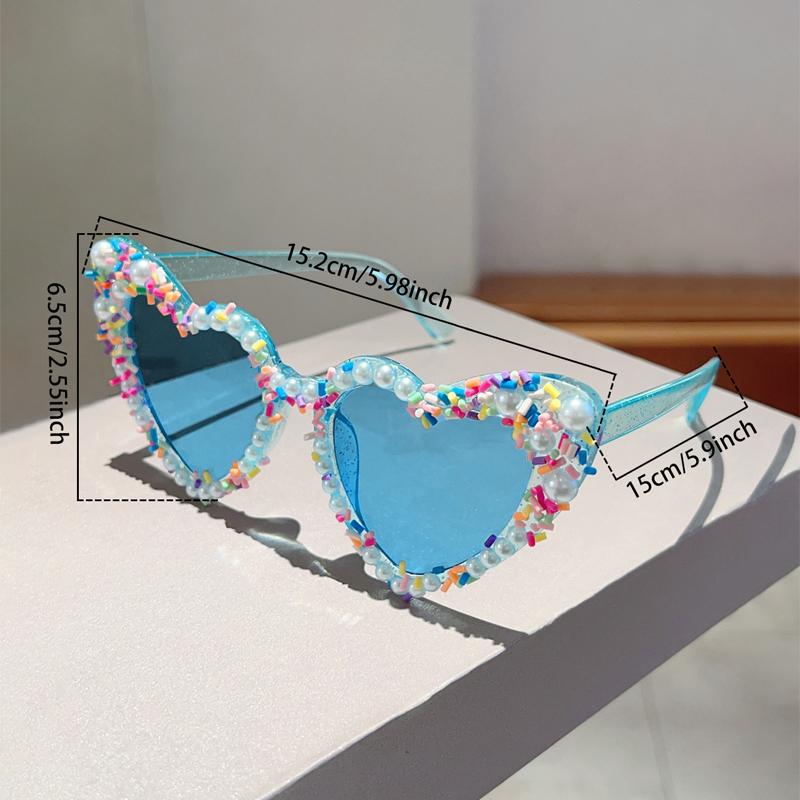 Heart Shape Sunglasses with Pearls and Jimmies Fashion Cute Gradient Multi-color Decor Shades Trendy Original Sun Glasses
