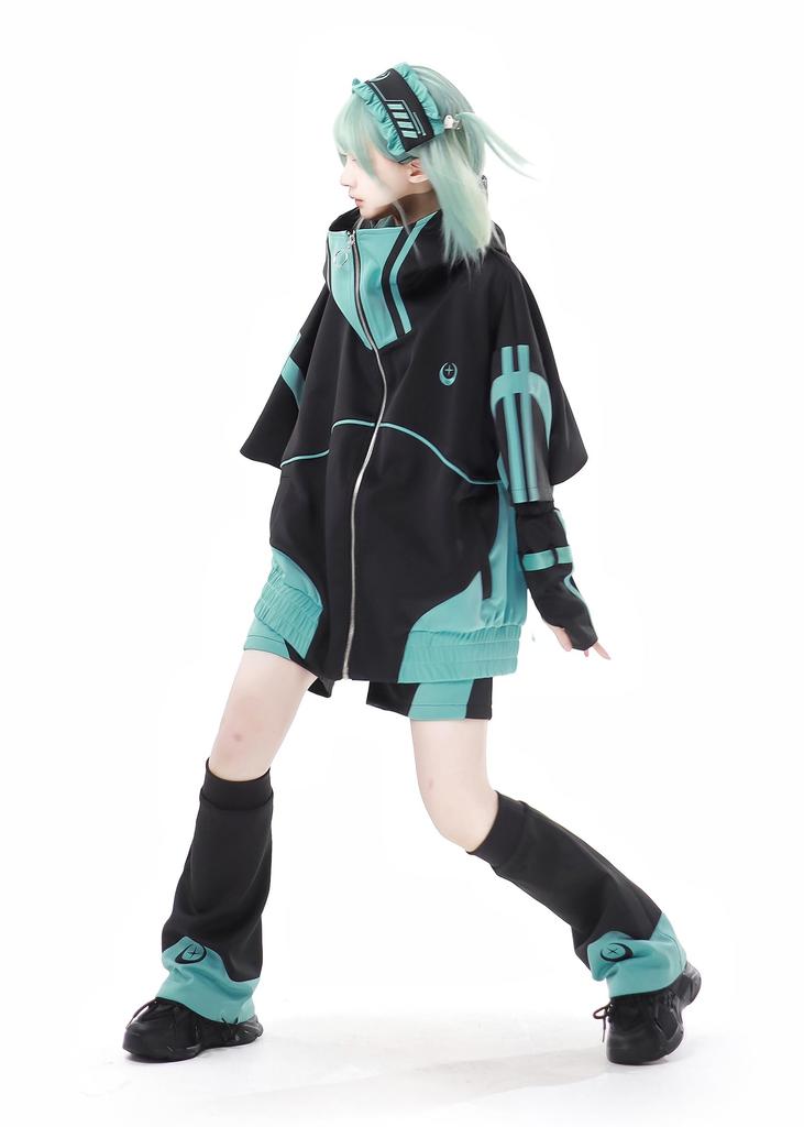 XHSUKADO Jirai-kei Hoodie Black & Green Embroidery Zip-up Size M
