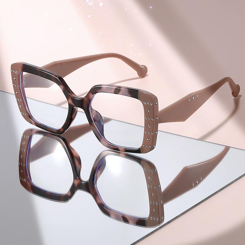 

2026 New Oversized Square Eyeglasses with Brown & Lavender Frame, Studded Accents, Clear Lenses for Trendy Women’s Fashion коричневый