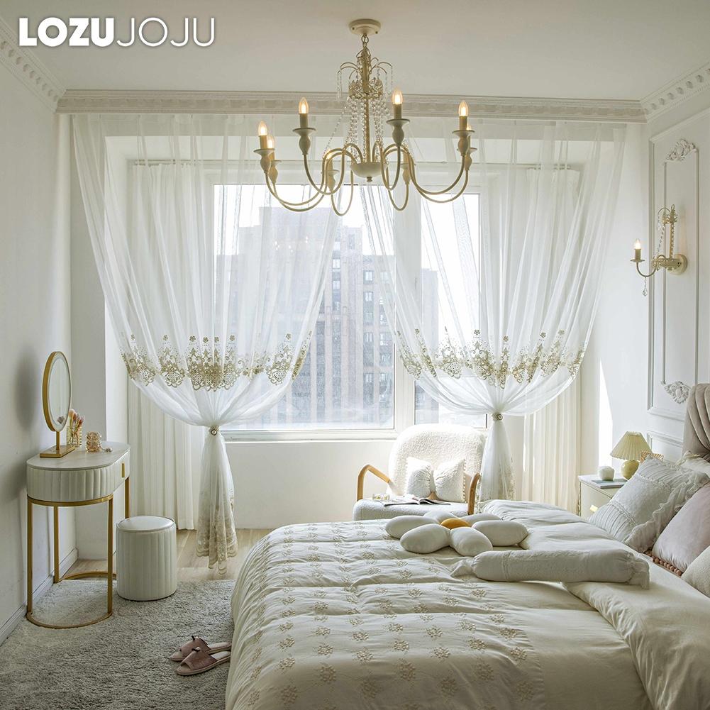 1PC LOZUJOJU French Style Gold Thread Embroidered Sheer Curtain Romantic Style Luxury Tulle for Living Room Bedroom Balcony Window Home Decor