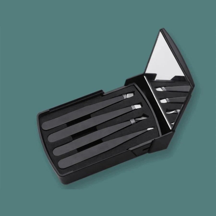 4PCS Pinças de Sobrancelha Ferramenta de Aço Inoxidável Clipe de Sobrancelha Caixa de Ferramentas de Beleza Com Espelho Conjunto de Aparar Sobrancelhas