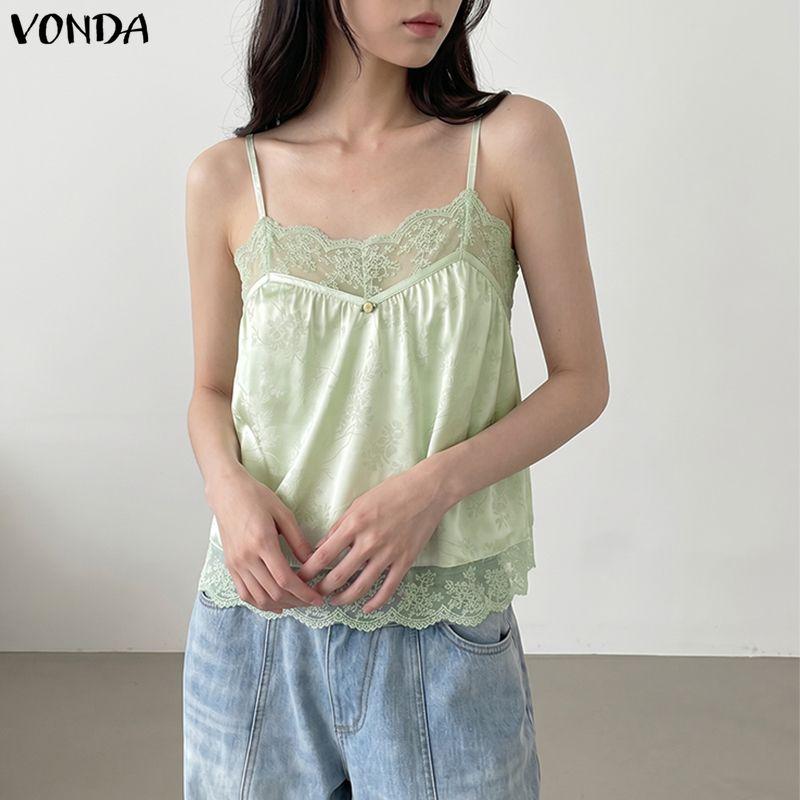 VONDA Women's Sexy Lace Trim V-Neck Sleeveless Spaghetti Strap Cami Tank Top