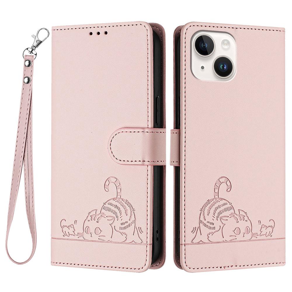 Funda para iPhone 13/14 con Correa Bloqueo RFID Billetera de Cuero Cubierta para Teléfono Patrón Gato Ratón