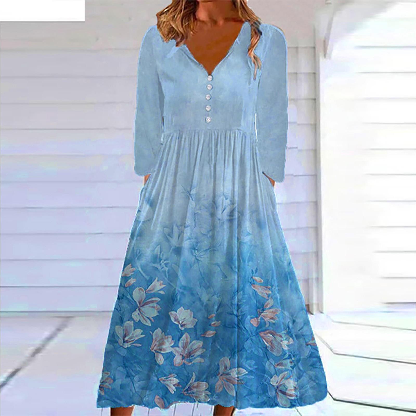 Ladies Casual Fashion Printed V Neck Button Long Sleeve Dress With Pockets XXXL