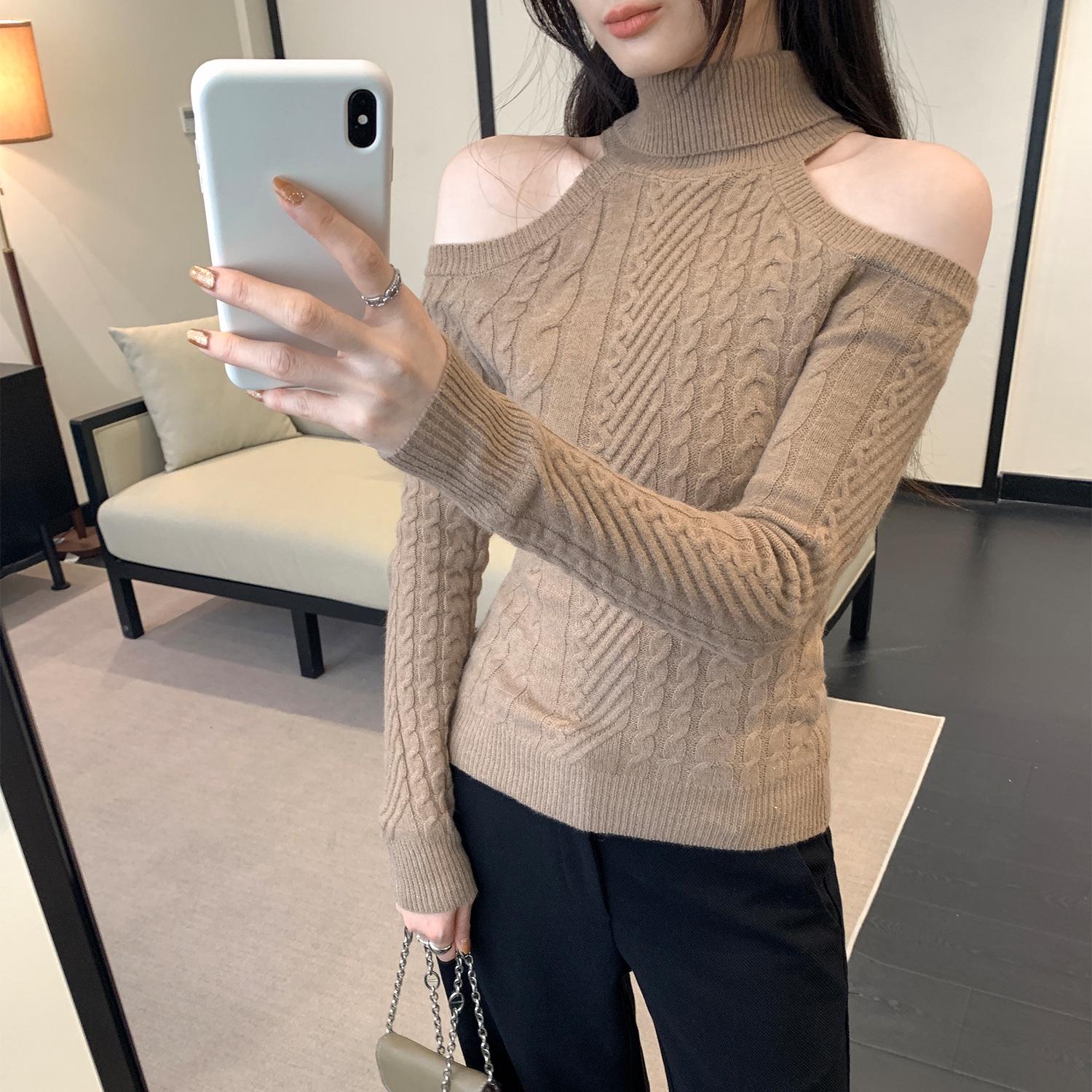 European Chic High Neck Off-Shoulder Slim Knit Sweater for Women - Spring 2026 Medium