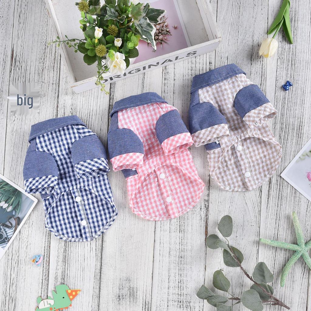 Plaid Patchwork Lapel Shirt for Small Dogs - Spring/Summer Breathable Pet Clothing