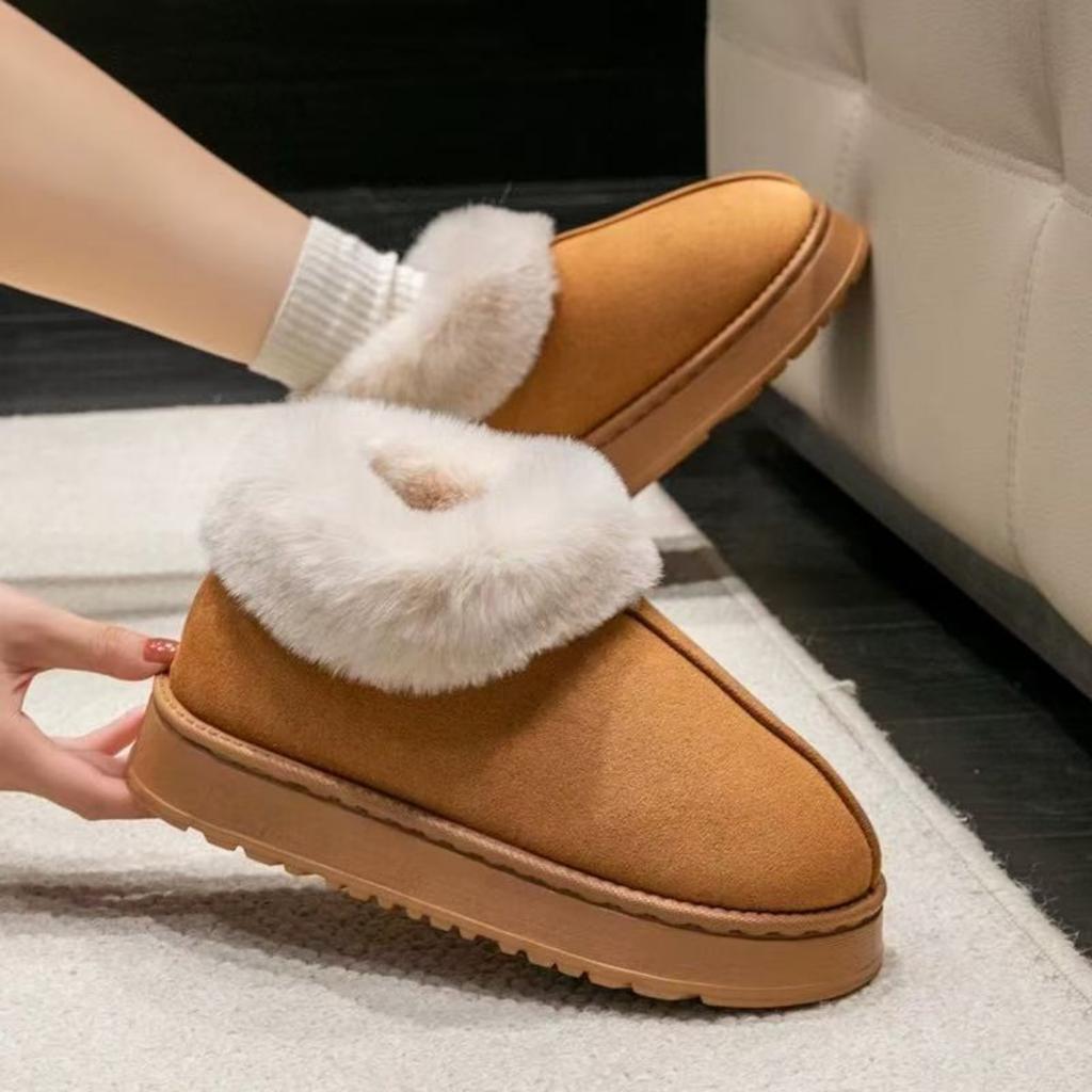 Baumwollpantoffeln mit Keilabsatz für Damen, Herbst und Winter, Plüschisolierung und dicke Sohlen für den Außenbereich, Paar-Baumwollschuhe mit Fell