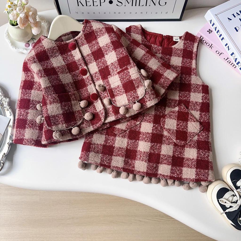 Girls' Mori Style Plaid Wool Coat & Vest Dress Winter Set