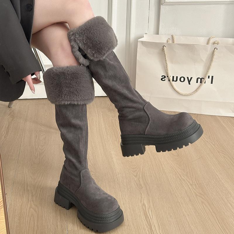 Women's Fur Integration Thick Bottom Heightening Winter Lightweight Warm Snow Boots Non-slip Wear-resistant Casual Sports Long Cotton Boots