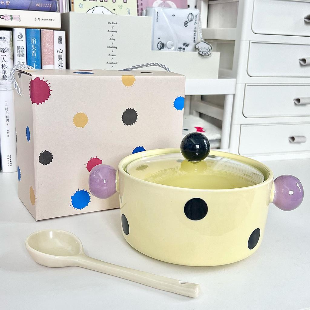 Give Girls Birthday Gifts, Cute Contrasting Colors, Polka Dots, Ceramic Instant Noodles Bowl with Lid, Girlfriend Practical Souvenir Gift Box.