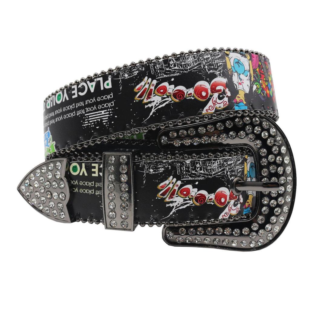 Bohemian Graffiti Rhinestone Leather Belt - Casual & Versatile European-American Style