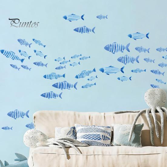 DIY Seabed Wall Murals Watercolor Blue Fish Decals, Striped Ocean Sea Life Stickers, Removable Self-Adhesive Layered School of Decor Coastal