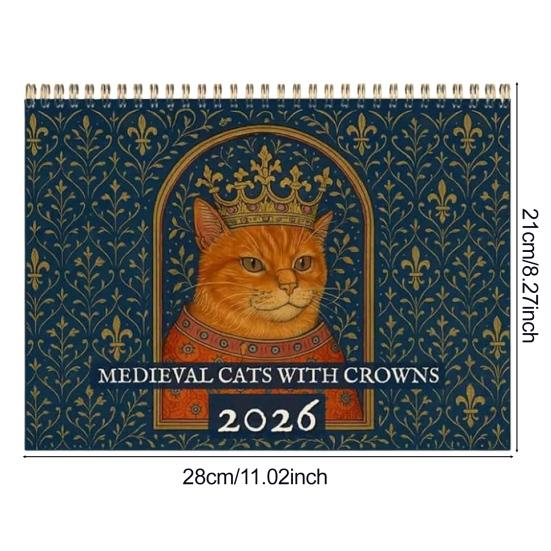 Yousheng 2026 Medieval Cat Calendar with Crowns Whimsical Art Monthly Wall Calendar Unique Gift for Cat Lovers