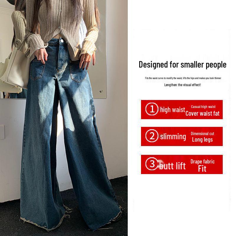 Hong Kong Style Retro Raw Edge High Waist Wide Leg Jeans for Petite Women