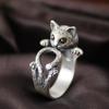 Cute Lovely Animal Cat Open Ring Silver Plated Jewelry Blue Crystal Eyes