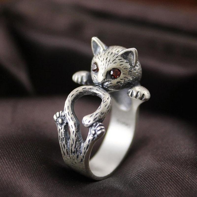 Cute Lovely Animal Cat Open Ring Silver Plated Jewelry Blue Crystal Eyes