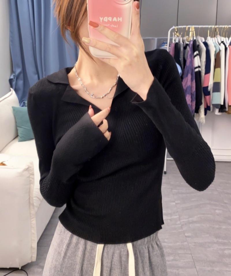 Milk Apricot V-Neck Knitted Sweater for Women - Spring Slim Fit 2025, Sweet & Spicy Polo Neck, Long-Sleeved Top, Bottoming Shirt