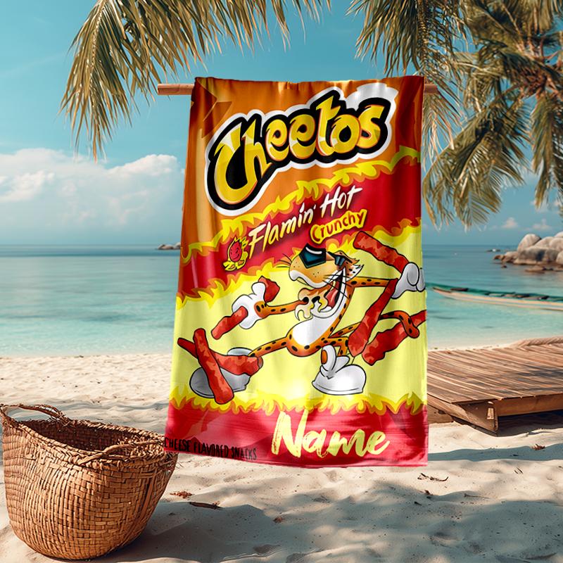 Custom Name Ultra-Soft Beach Towel with Cheetos Theme,Ideal for Pool - Camping, Diving - Perfect Travel Essential, Vibrant Beach Towel.