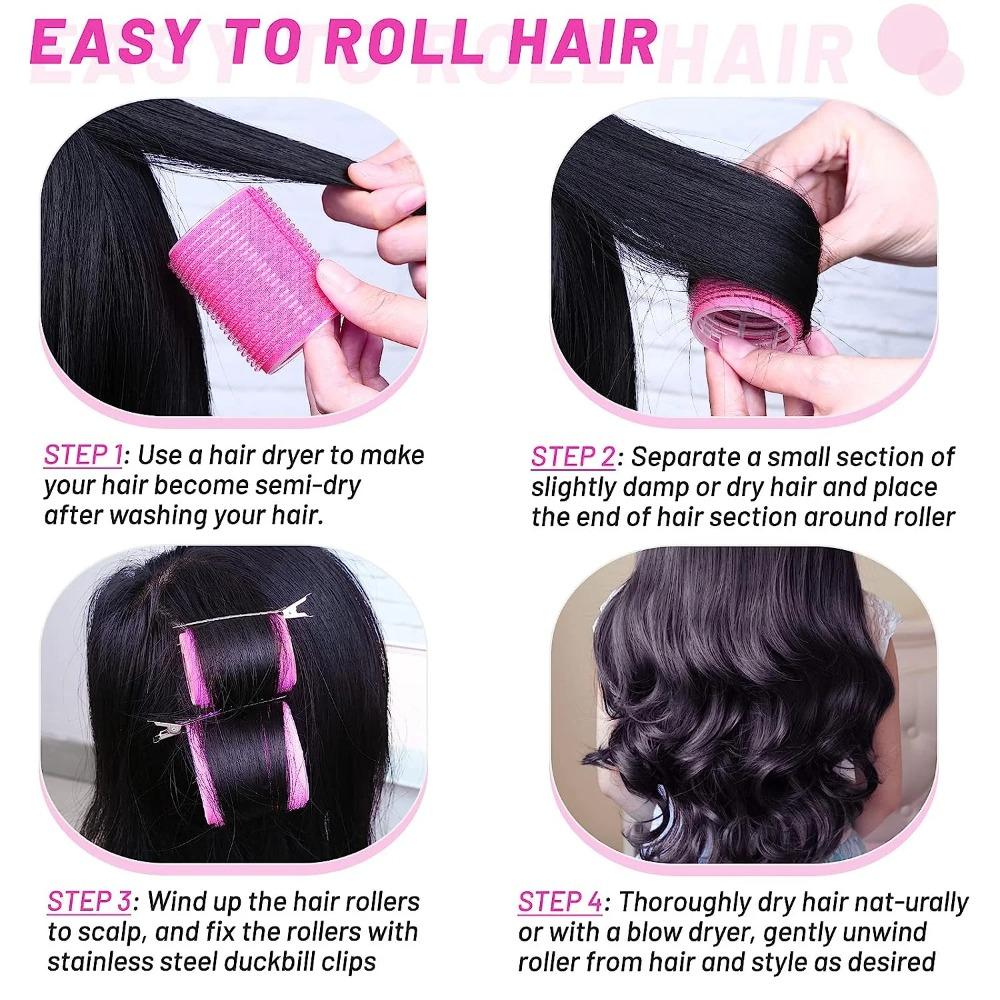 Giant curling wand roller set, 24 pieces, including 12 self-grip curling wands and 12 stainless steel duckbill clips (rose red)