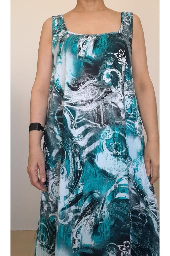 Women's Big Size Dress Blue Patterned Combed Viscose Dress with Gathered Front and Back