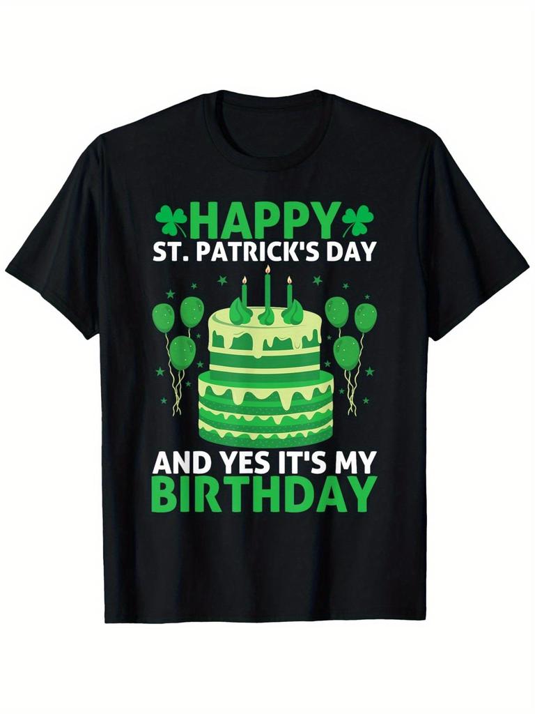 T-shirt en coton pour homme avec graphique de gâteau d'anniversaire pour la Saint-Patrick Manches courtes décontractées Vêtement de tous les jours