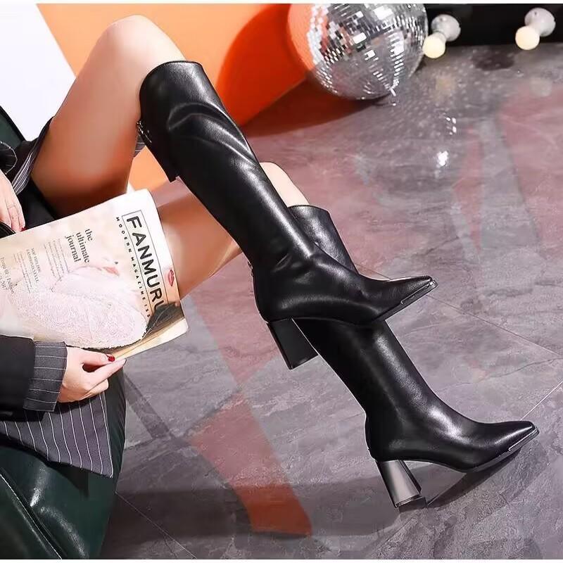 Knee-High Square Heel Rubber Modern Boots for Women 2024 New Hot Sale Winter Slip-on Ladies Shoes Solid Square Toe Women's Boots
