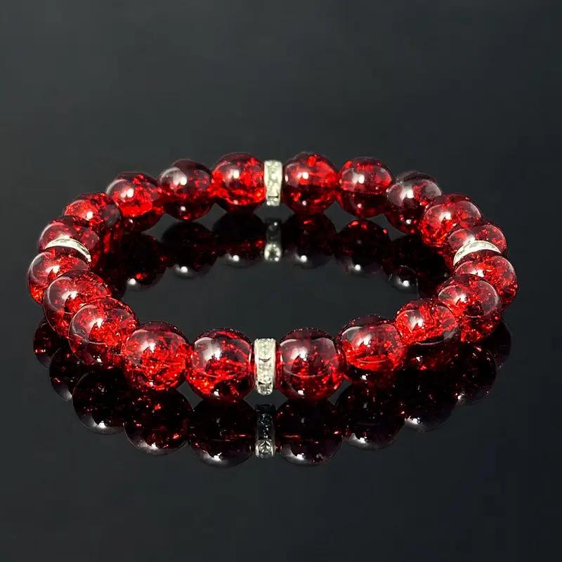 10mm Red Glass & Natural Stone Beaded Bracelet with Elastic Cord for Men and Women