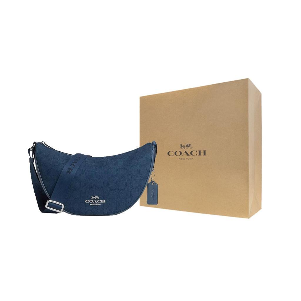 Coach Pace 29 Top Zip Closure Metal Logo Signature Jacquard Trimmed Fine Calfskin Crossbody Shoulder Bag Large Women Bags Dark-Denim-Blue CT822-SVPM1