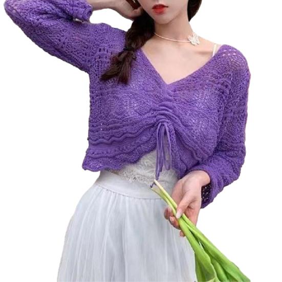 

Женские топы-накидки с V-образным вырезом, завязками, длинными рукавами, однотонные, свободные, с ажурным дизайном, солнцезащитные накидки фиолетовый