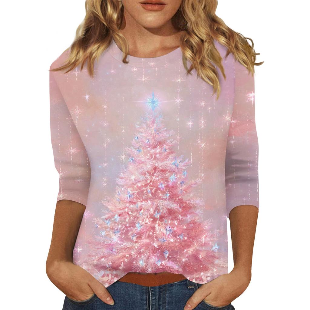 Dámský vánoční potisk s 3/4 rukávem do O-neck