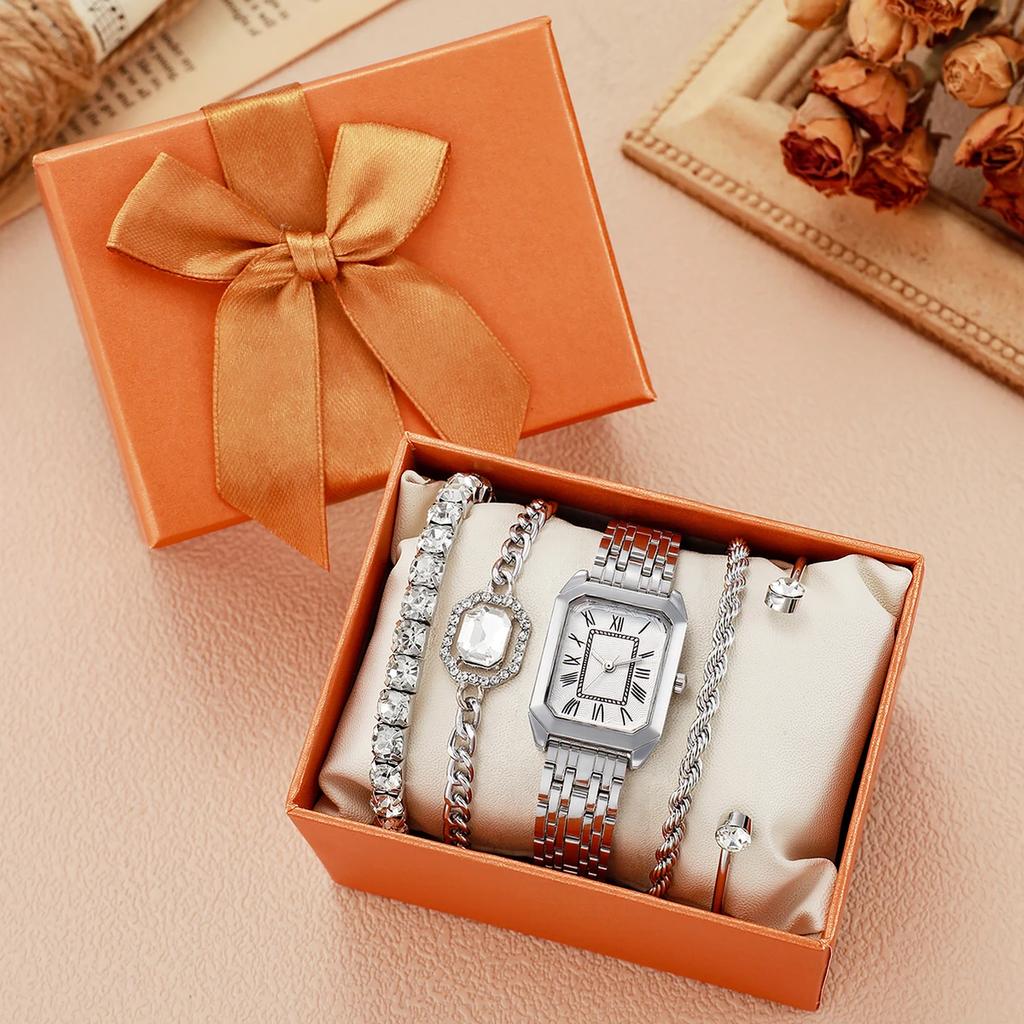 Fashionable Simple Light Luxury Roman Square Dial Quartz Wrist Watch with Diamond Bracelet Set of 5, Suitable for Elegant Ladies