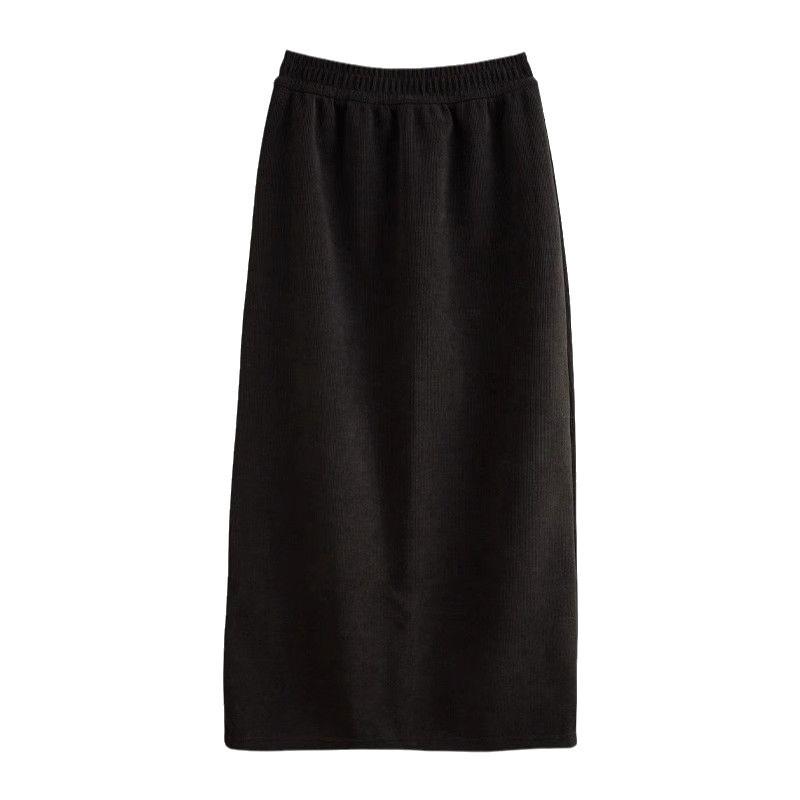 Women's Black High-Waist Knitted Midi Skirt - Korean Style, Spring/Autumn 2024 Collection