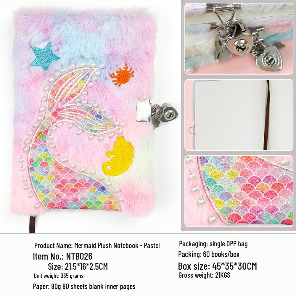 Mermaid Pearl A5 Plush Sequin Notebook: Cute Animal Cartoon Memo Diary