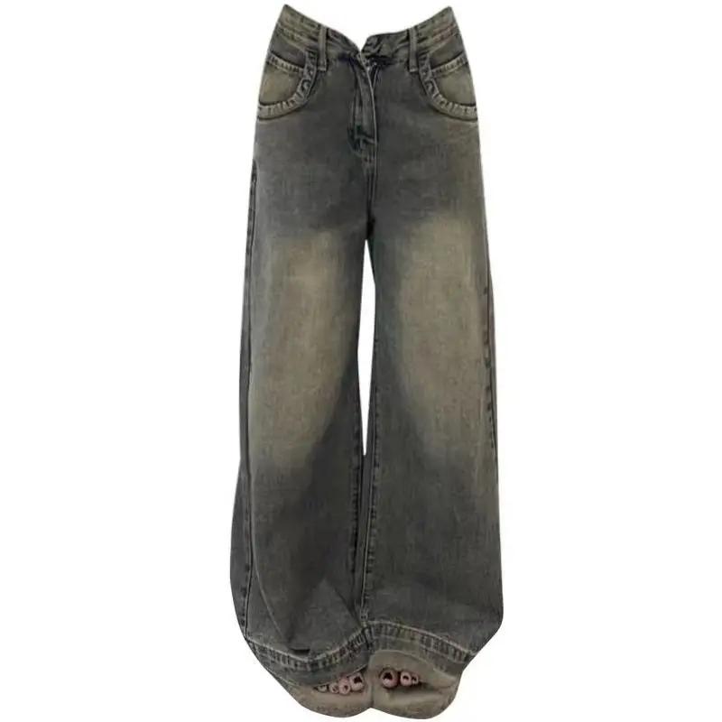 Jeans a gamba larga vintage distressed da donna per primavera e autunno, pantaloni dritti versatili a vita alta, effetto drappeggiato, snellenti, vestibilità larga