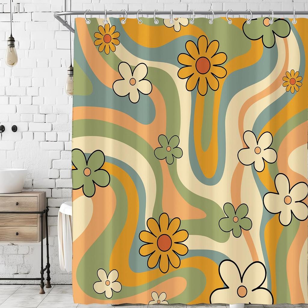 Tenda Doccia Floreale Astratta Carina Retrò Nera per Bagno Estetica Vintage Amabile Anni '70 Divertente Decorazione Vasca da Bagno