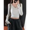 Spice Girl V-Neck Front Shoulder Long Sleeve T-Shirt Women's Spring and Autumn Slim-Fit Bottom Shirt Short Versatile Waist Top