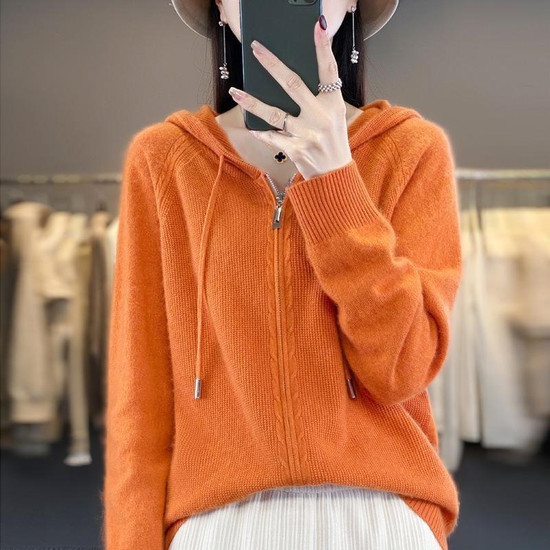 Autumn Sweater Cardigan Women's Wool Hoodie Double Zipper Hooded Sweater Jacket