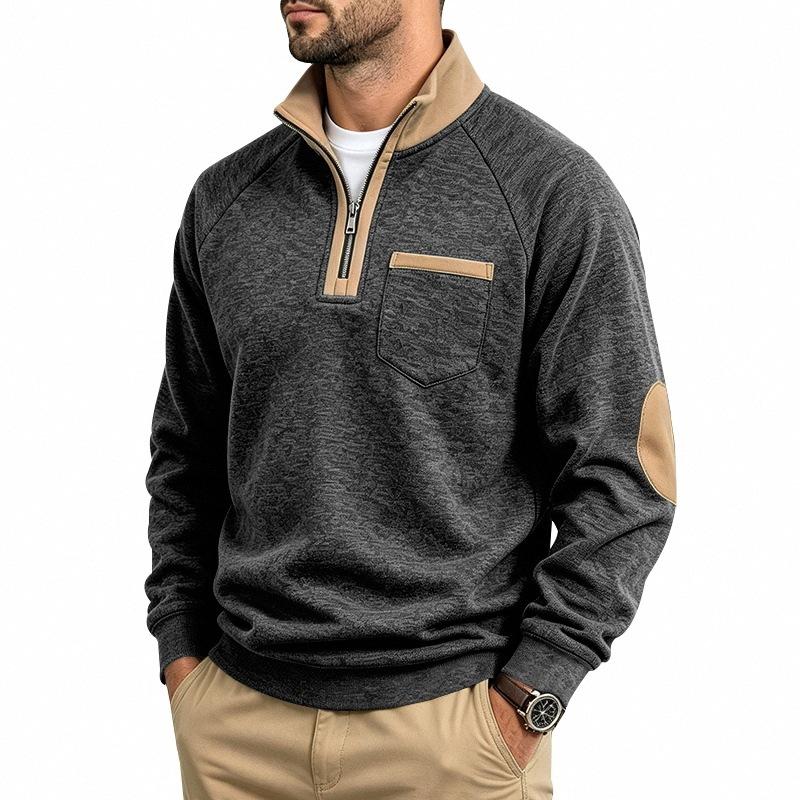 Men S Casual Loose Fleece Stand Collar Color Block Long Sleeve Sweatshirt